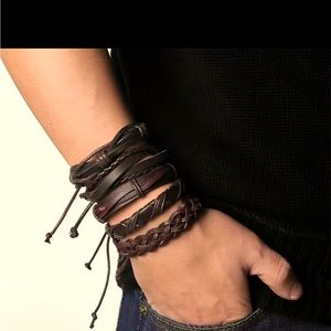 8pcs Trendy Black Brown Color Alloy Braided Leather Bracelet For Men